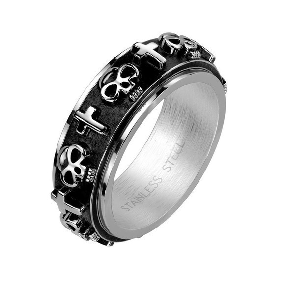 NWOT Skulls‎ and Crosses on Black Spinner Center Stainless Steel Ring size 11 - Picture 1 of 3